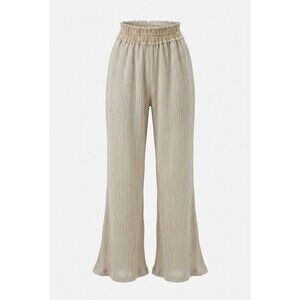 Temptation Positano 100% Linen Wide Leg Pants Gold Macramé Trim Small Italy